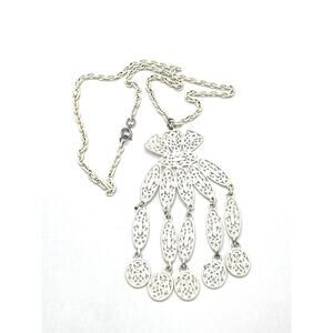 Vintage Necklace White Enamel Large Statement Dangle Pendant 20” 70s Filigree